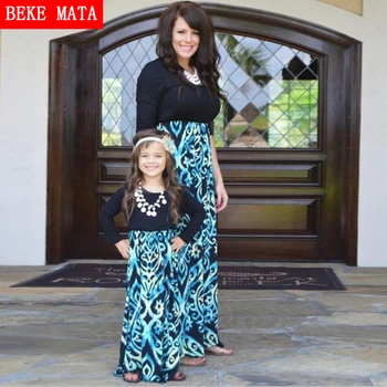 

Mother Daughter Dresses 2019 Autumn New Long Sleeve Print Matching Mother Daughter Clothes Casual Family Look Mom Girl Clothing