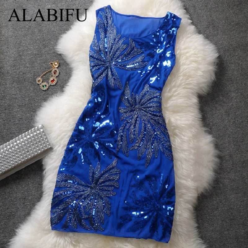 

ALABIFU Women Summer Dress 2019 Plus Size 5XL Casual Sexy Vintage Elegant Embroidery Party Dress Sequin Bodycon Pencil Dress
