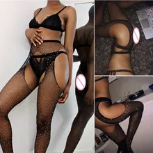 Сексуальные ажурные колготки с открытой промежностью, женские блестящие чулки в сетку, блестящие стразы, чулки, сексуальное нижнее белье