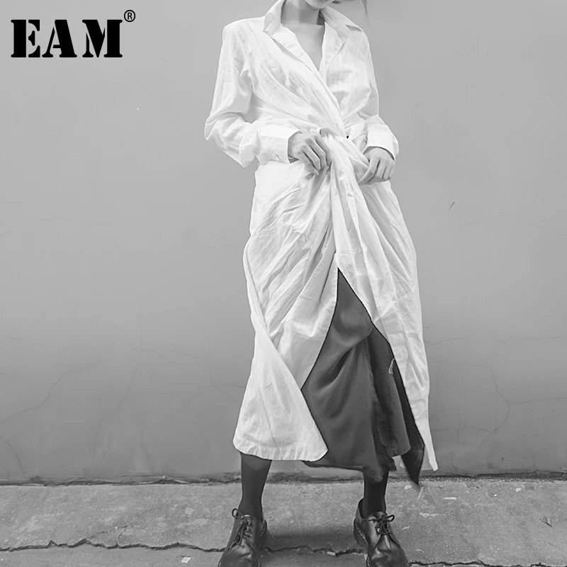 

[EAM] 2019 New Autumn Winter V-collar Long Sleeve White Loose Long Knot Spit Joint Temperament Shirt Women Blouse Fashion JU342