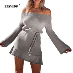 ELSVIOS осеннее трикотажное платье с длинным рукавом сексуальное с открытыми плечами вязаное платье-свитер женское элегантное свободное