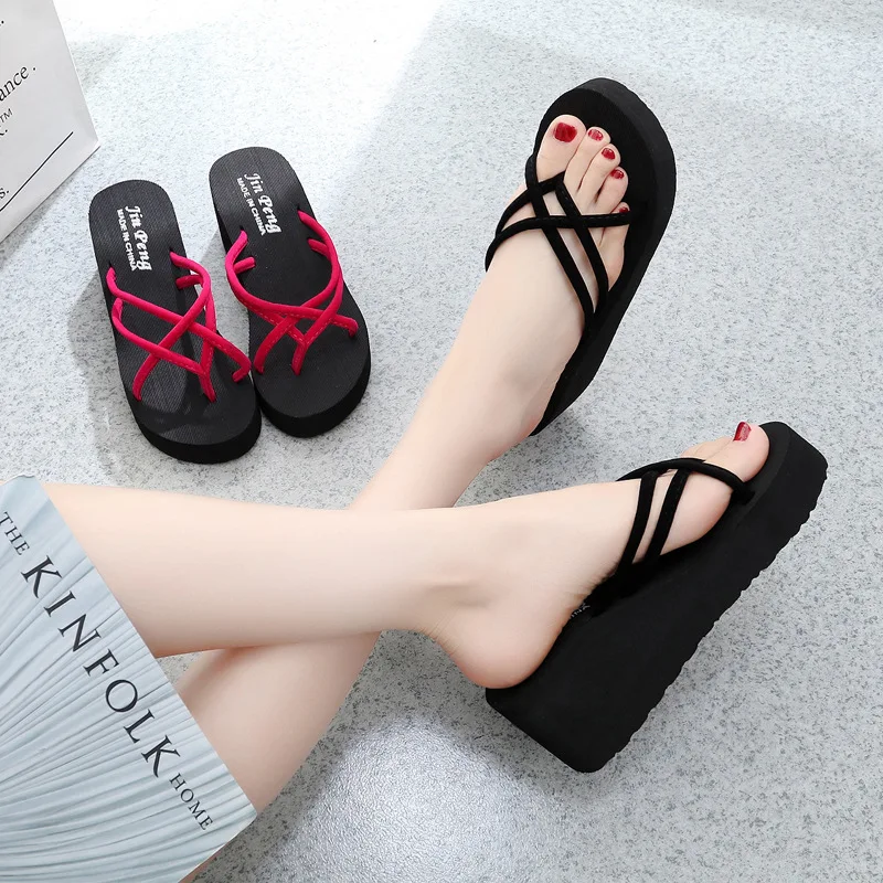 

Women Slippers Summer Pinch Non-slip Beach Flip Flops Female Thick High Heel Solid Sandals Slippers Fashion Shoes Women S0759