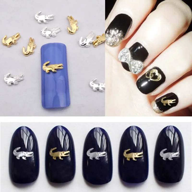 10Pieces Gold Silver Cute Crocodile 3D Metal Alloy Nail Tips Decoration