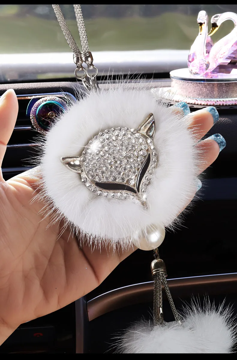 Автомобильный кулон с алмазной головой лебедя и лисы, меховой шар, зеркало заднего вида, украшение автомобиля, подвеска, украшения, аксессуары, подарки