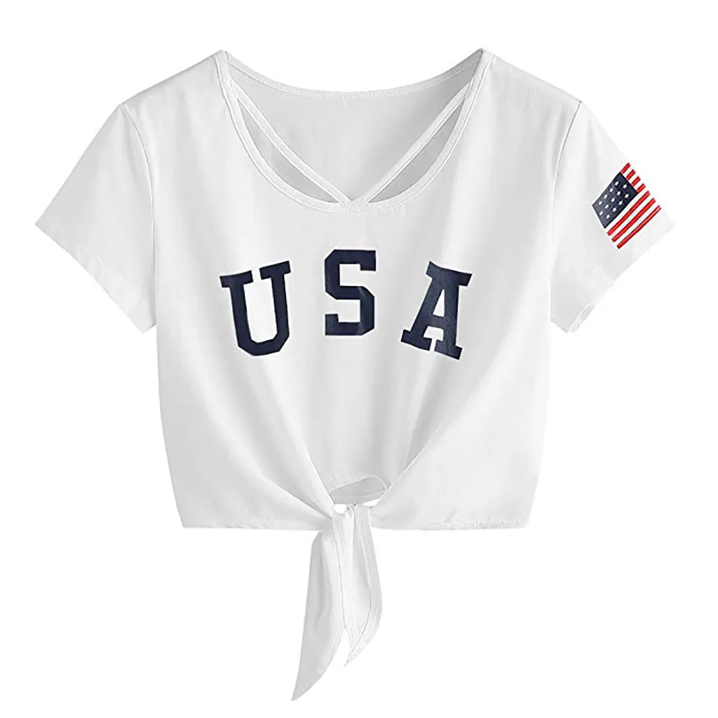 

2019 Summer Women's T-Shirt American Flag Print Knot Front Ladies Tee Shirt Short Sleeve Cross Scoop Neck T-Shirt Short Tee Tops