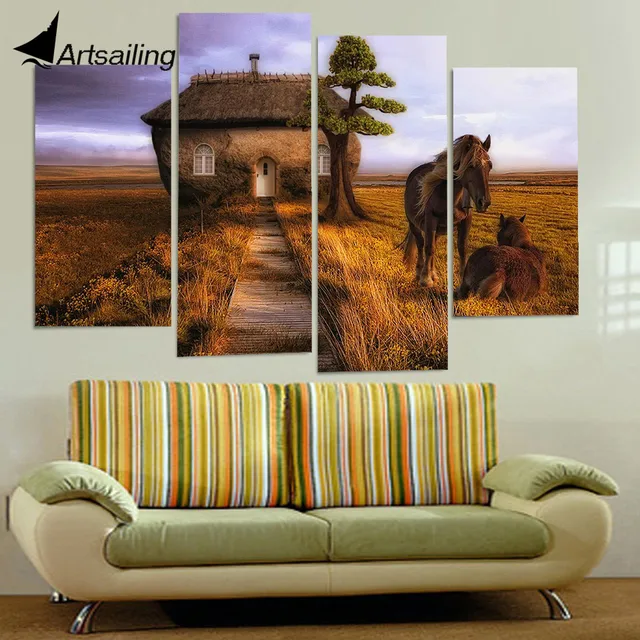 4 panel canvas art canvas painting couple horse small house hd