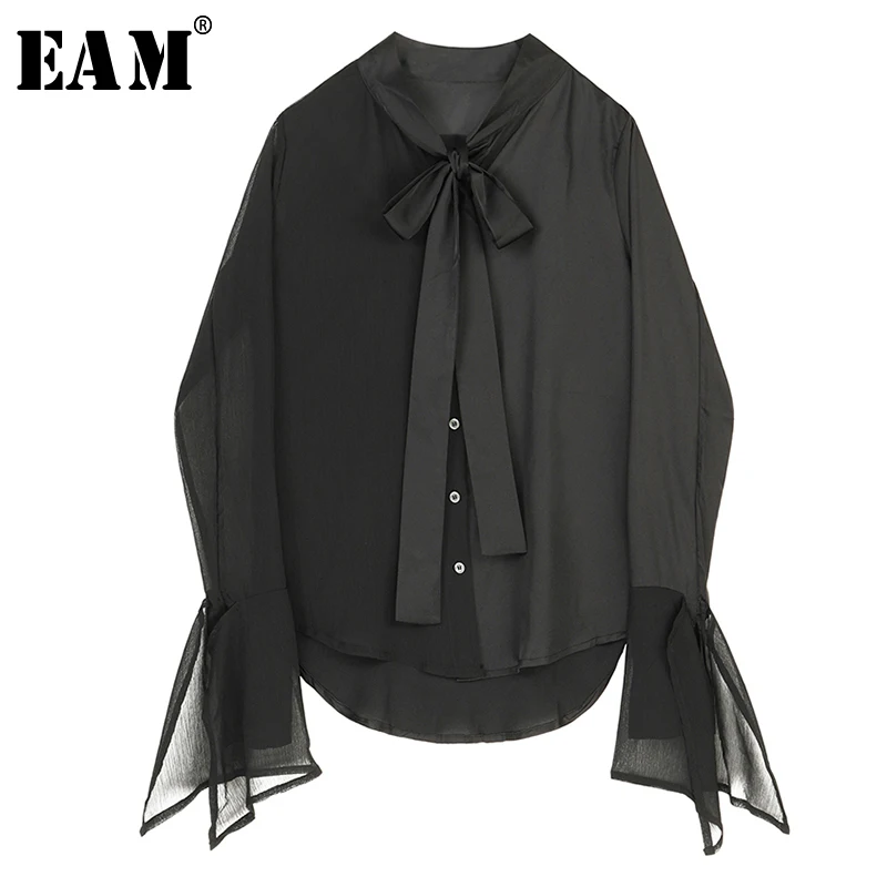 

[EAM] 2019 New Spring Autumn V-neck Long Flare Sleeve Bow Bandage Button Spliced Loose Shirt Women Blouse Fashion Tide JY802