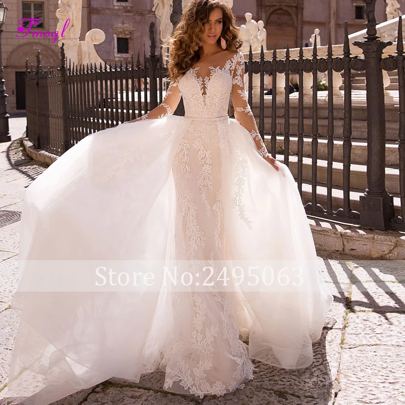 Appliques Long Sleeves Detachable Train Mermaid Wedding Dresses 2021 Luxury Beaded Sashes Trumpet Bridal Gown Vestido de Noiva bridesmaid