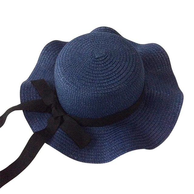 Girls Summer Cap Black Ribbon Decorate Wavy Straw Hat For Girls Children Panama Hat Kids Sun Cap Baby Beach Hats Deep Blue