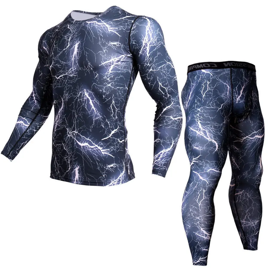 2 шт. спортивный костюм для мужчин сжатия ММА футболка с длинным рукавом Рашгард комплект камуфляж толстовка+ леггинсы фитнес термобелье