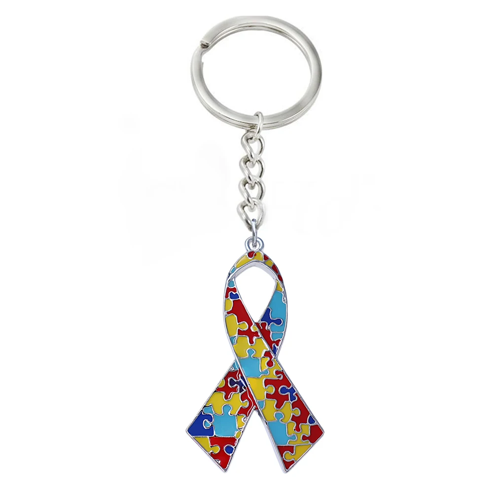 

Environmentally friendly alloy material ribbon puzzle autism pendant key ring enamel handmade color charm jewelry key chain