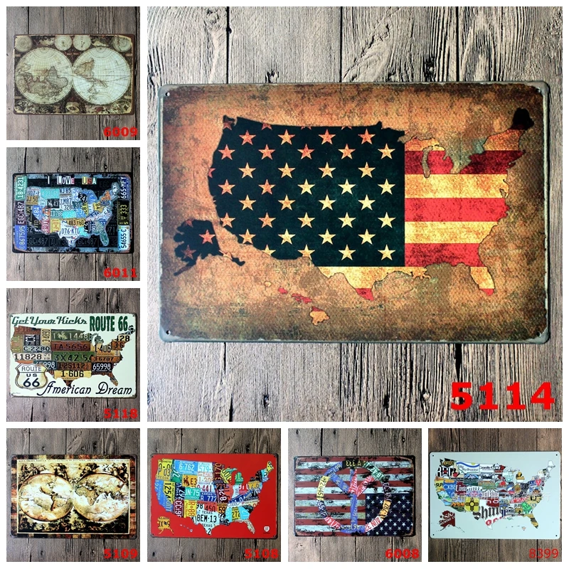 

Retro World Map Line Vintage Tin Plate American Map Metal Tin Signs Wall Decor Pub Garage Club Barn Parlor Bedroom Plaques YN053