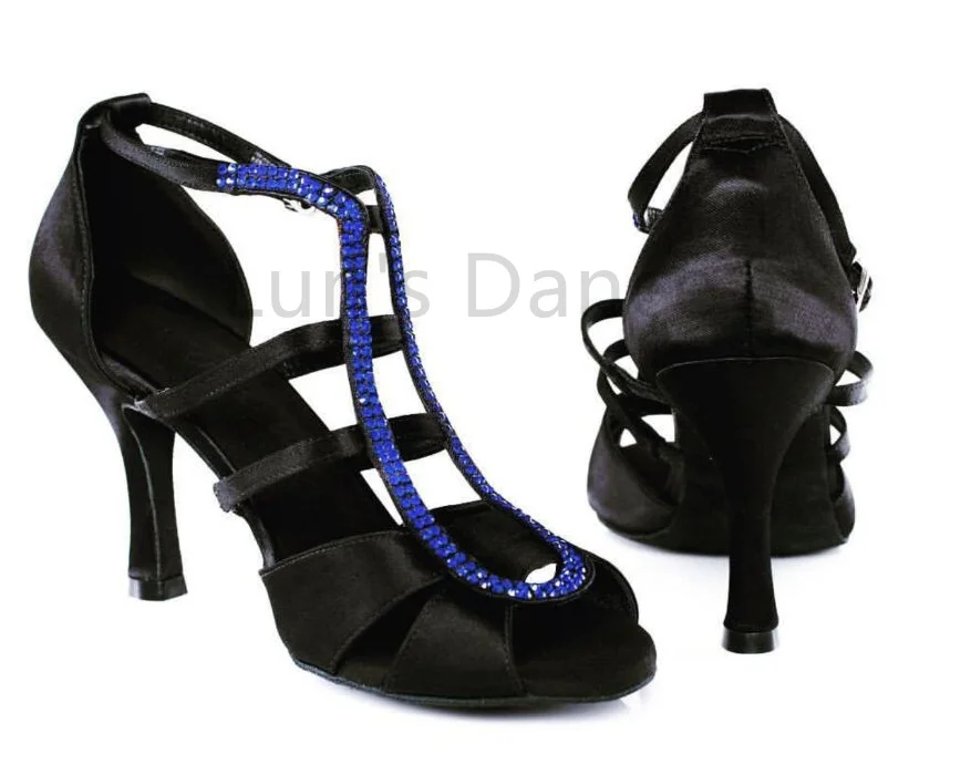 Salsa Dance Shoes Black Satin Rhinestone Latin Dancing Shoes Ballroom