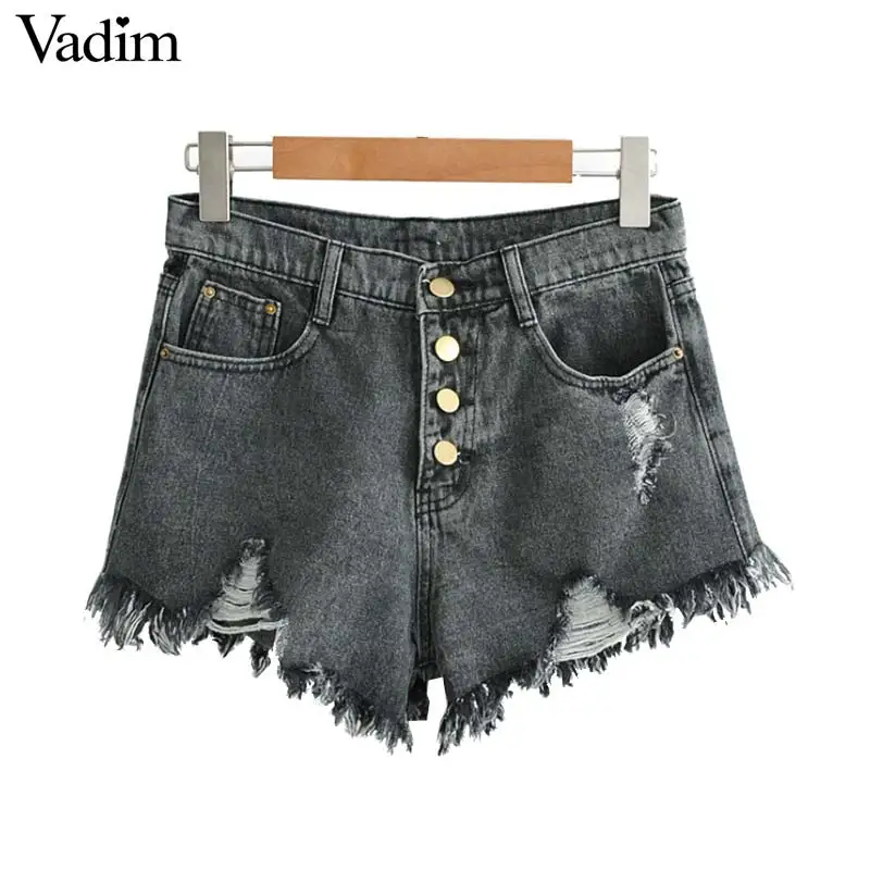 Vadim women basic holes denim shorts tassels fringe button fly stylish female casual chic solid