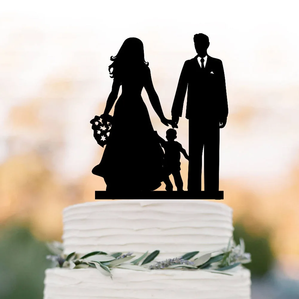 Family Wedding Cake topper,Bride and Groom with son silhouette funny Wedding Cake topper,Wedding cake topper Decor Supplies