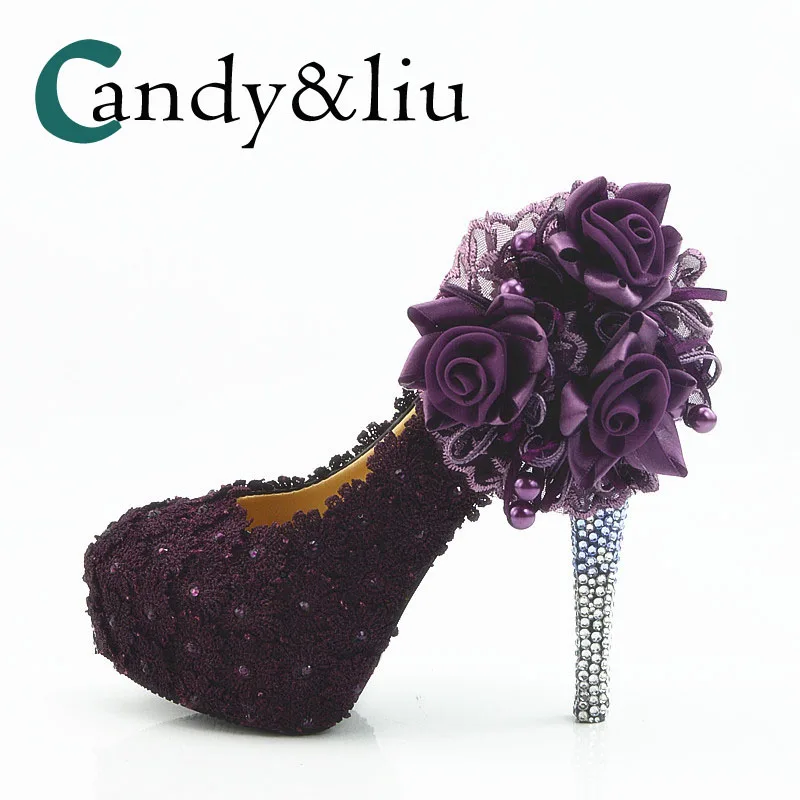 

Large Size Purple Lace and Big Flower Shoes Super High Silver Heel Crystal Wedding Pumps Party Banquet Evening Nightclub bride
