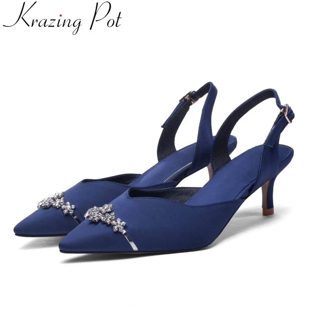 

Krazing Pot elegant glitter crystals decoration slip on slingback pointed toe silk sheep leather stiletto high heels sandals L61