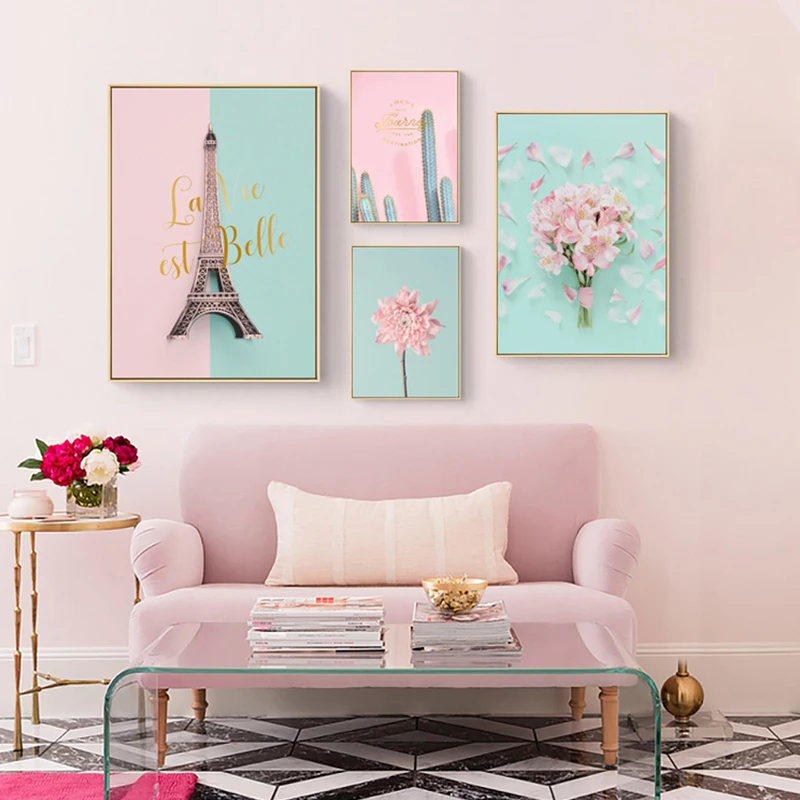 Pink Flower Cactus Tower Princess Room Canvas Painting Art Abstract Print Poster Picture Wall Nordic Home Decor | Дом и сад