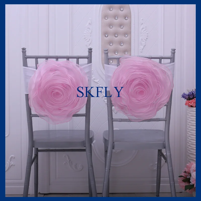 CH091ESKFLY Свадебные украшения ручной работы Большой органзы розовый стул цветок с белой повязка из спандекса