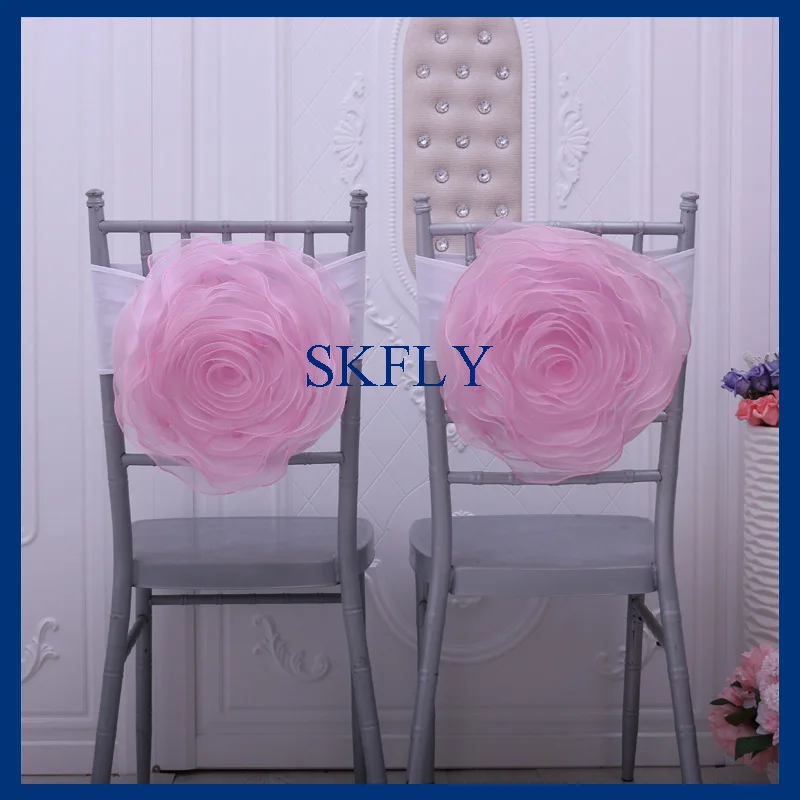 

CH091ESKFLY wedding handmade decoration large organza pink chair flower with white spandex band
