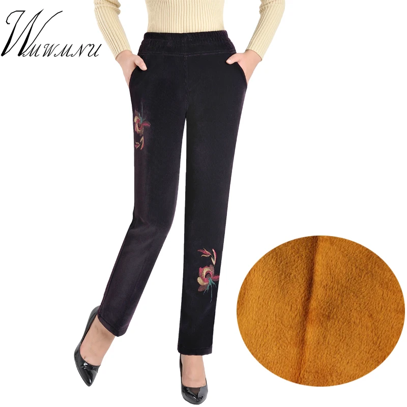 

Winter Embroidery Pants Women 2018 New Plus Size Velvet Thicken Warm Skinny Pants Female Corduroy Casual Sweatpants Trousers