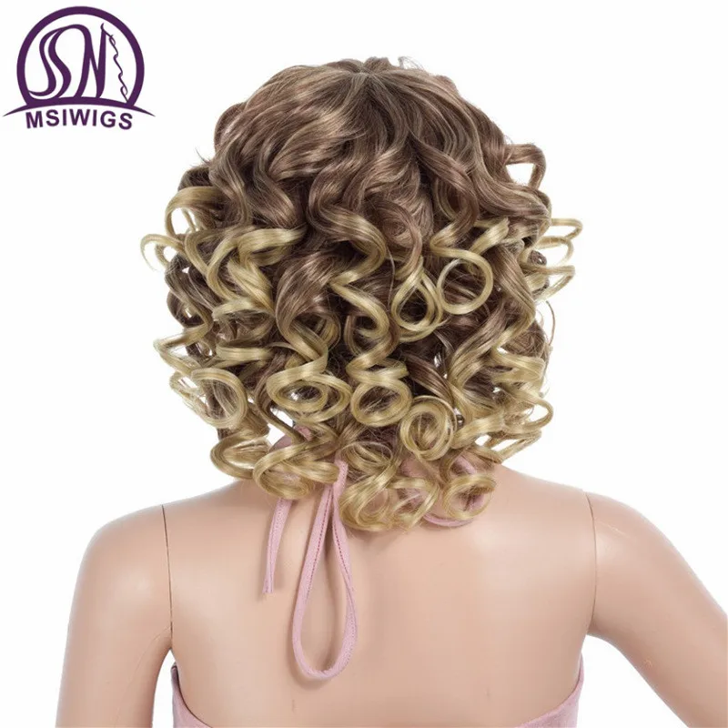 MSIWIGS Ombre блондинка вьющиеся короткие парики с челкой черный синтетический