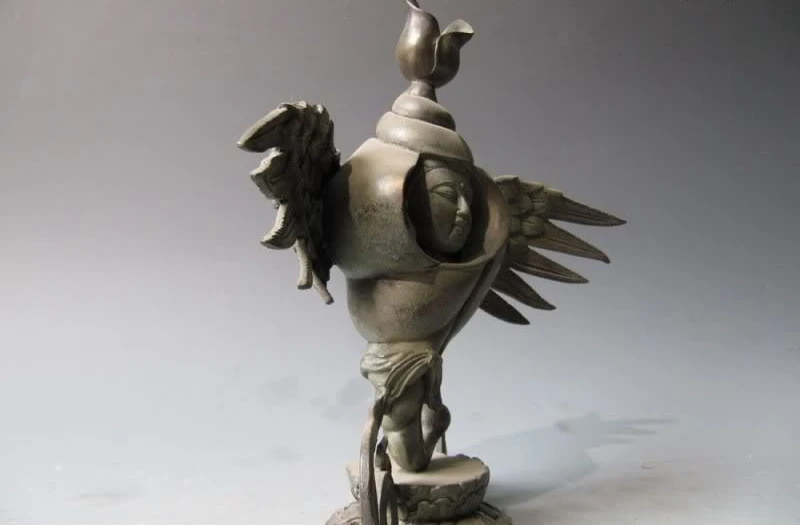 

9"Tibet Buddhism Pure Bronze Copper trumpet shell God Conch Buddha statue