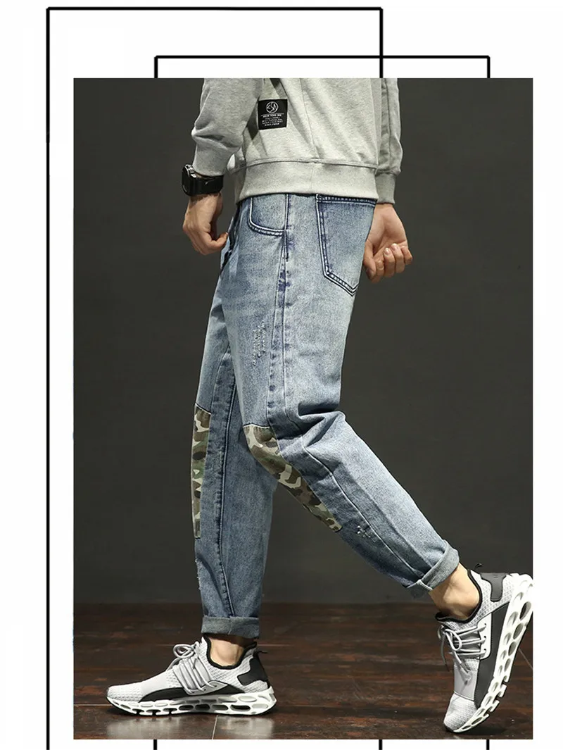 Men's Harem Jeans Trousers Fashion Male Loose Camo Patchwork Hip Hop Streetwear Pants Blue Large Size 28-42 (14)