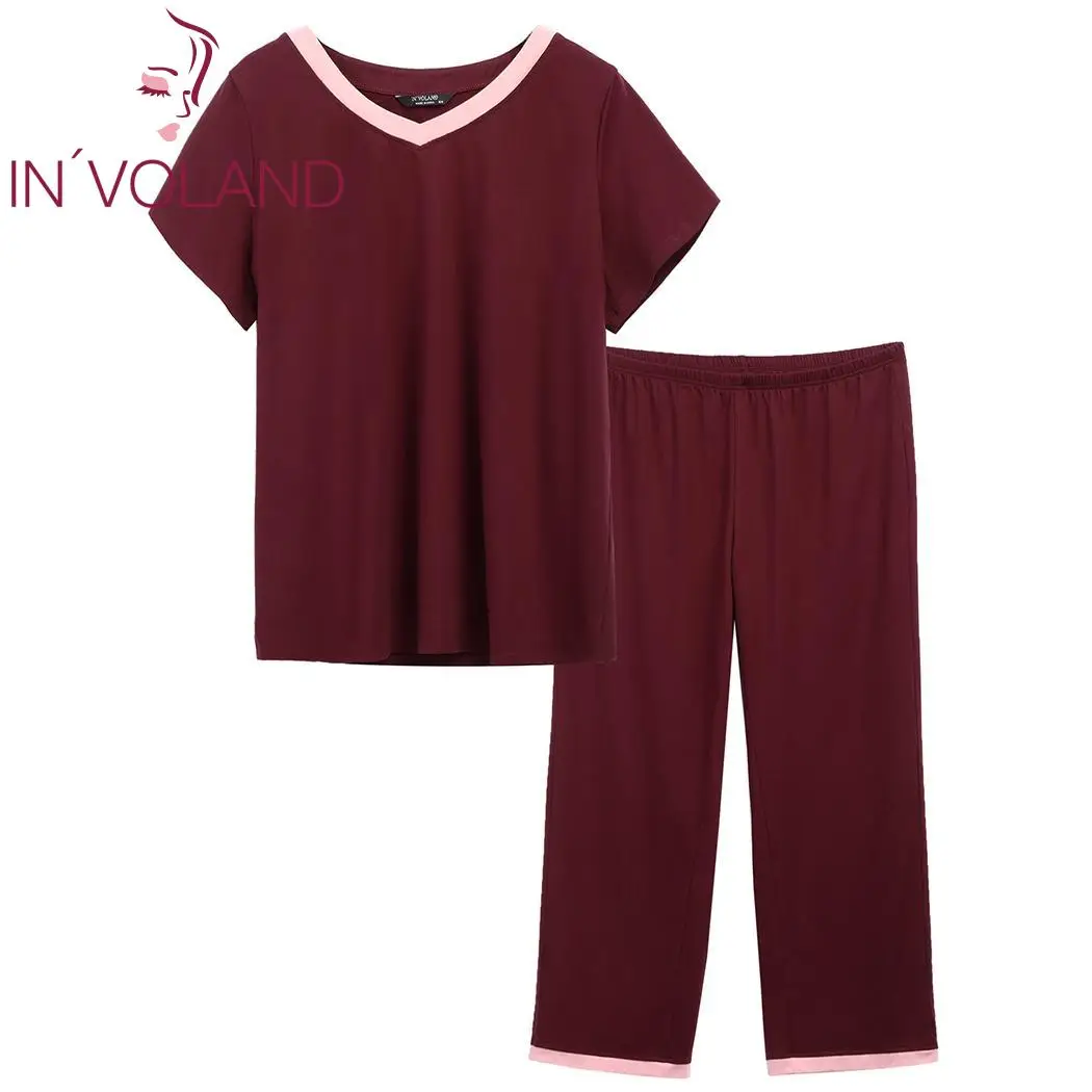 

IN'VOLAND Plus Size Sleepwear V-Neck Women Pajamas Loose Summer Pajama Patchwork Short Sleeve Nightwear Cloth Set Oversizes