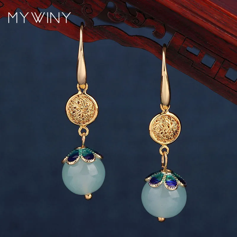 

MYWINY copper crown nature stones earrings, vintage fashion Aventurine fashion ethnic enamel jewelry