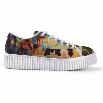 

New Spring 2019 Women Fashion Platform Flats Female Lace-up Stylish Low Top height increasing Shoes Painting Print August Macke