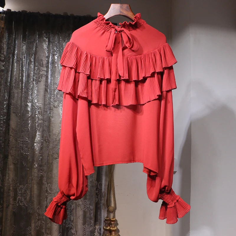 Ruffle Folds Lantern Sleeve Loose Women Chiffon Shirt Solid Color Fashion Wild Blouse Female New 2017 Long Tops |