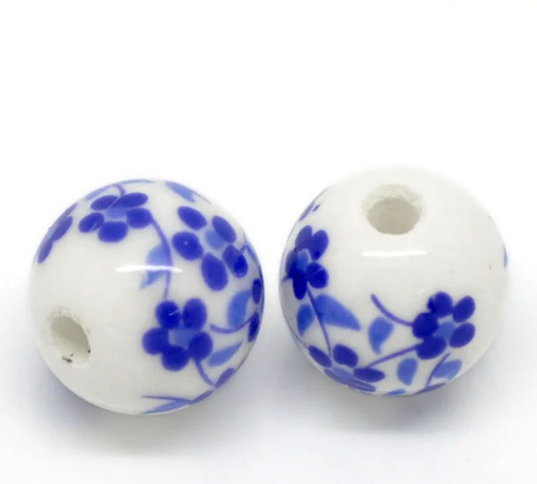 Doreen коробка Горячая-30 шт синий цветочный узор круглые керамические бусины 12 мм(4/") Диаметр.(B20724