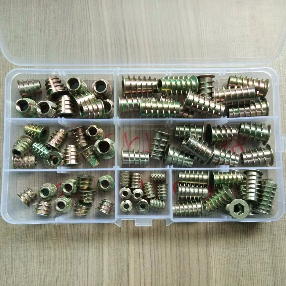 

70Pcs/set M4//M6/M8*8/10/13/18/20/25 Zinc Alloy Thread For Wood Insert Nut Flanged Hex Drive Head Furniture Nuts Assortment Kit