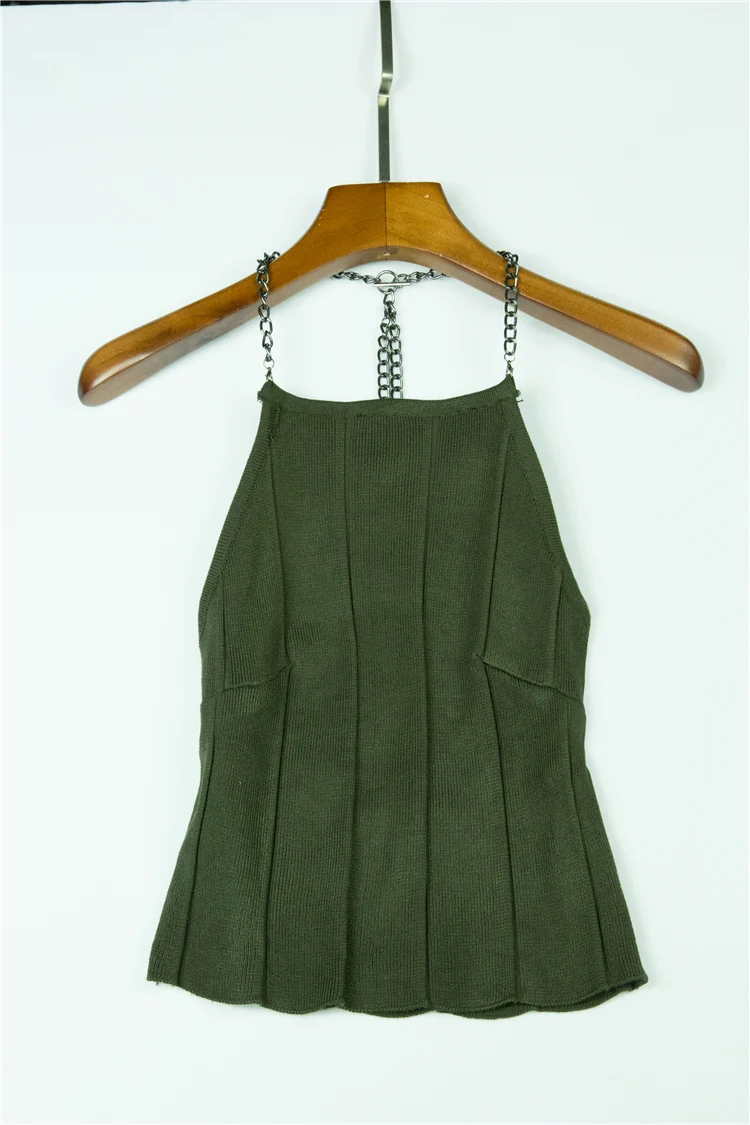 Dark Green Вечерние Клубные Для женщин топы без рукавов цепи с лямкой на шее однотонный Лифчики летние Повседневное с низким вырезом на спине ВЯЗАНАЯ МАЙКА с бретельками - Цвет: Dark Green
