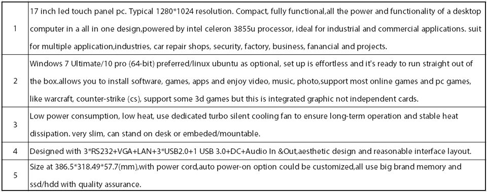 17 дюймов встроенный 5 резистивный сенсорный экран, промышленная панель ПК, Windows 7/10/Linux Ubuntu, Intel Celeron 3855U, сенсорная панель ПК