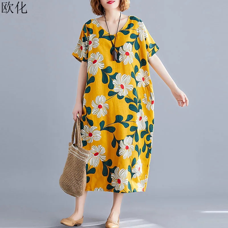 

Plus Size Boho Dresses For Women 4XL 5XL 6XL Large Summer Sundress Robe Female Art Printed Floral Cotton Linen Maxi Dress 2019