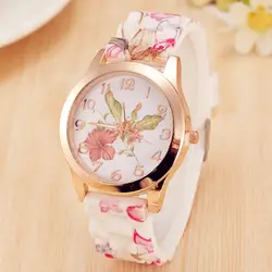 Модные Повседневное женское платье часы цветок Женева силиконовые часы розовое золото кварцевые наручные часы Relogios Femininos Relojes Mujer