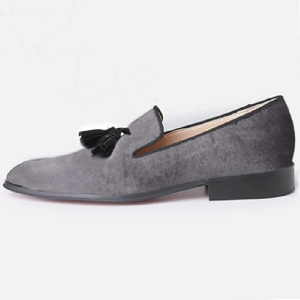 New Handmade Gray Velvet Loafers Men Casual Dress Shoes With Black