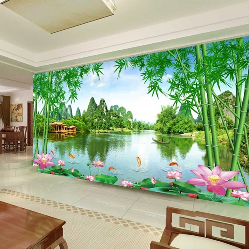 3D бамбуковые обои для фотографий лотос природа пейзаж гостиная ТВ диван фон