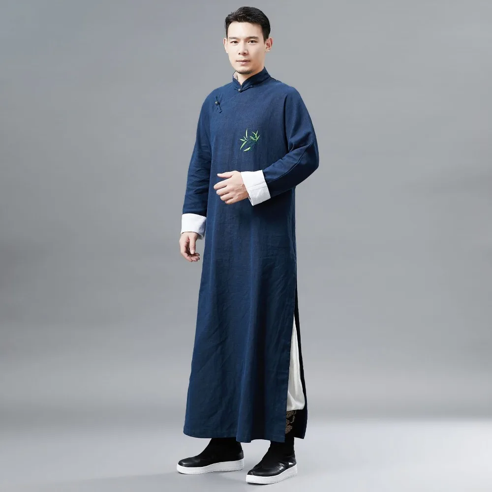 LZJN Chinese Men Classic Master Clothing X-Long Linen Trench Robe Gown Coat Two Side Slit Kung Fu Tai Chi Traditional Outfit (7)