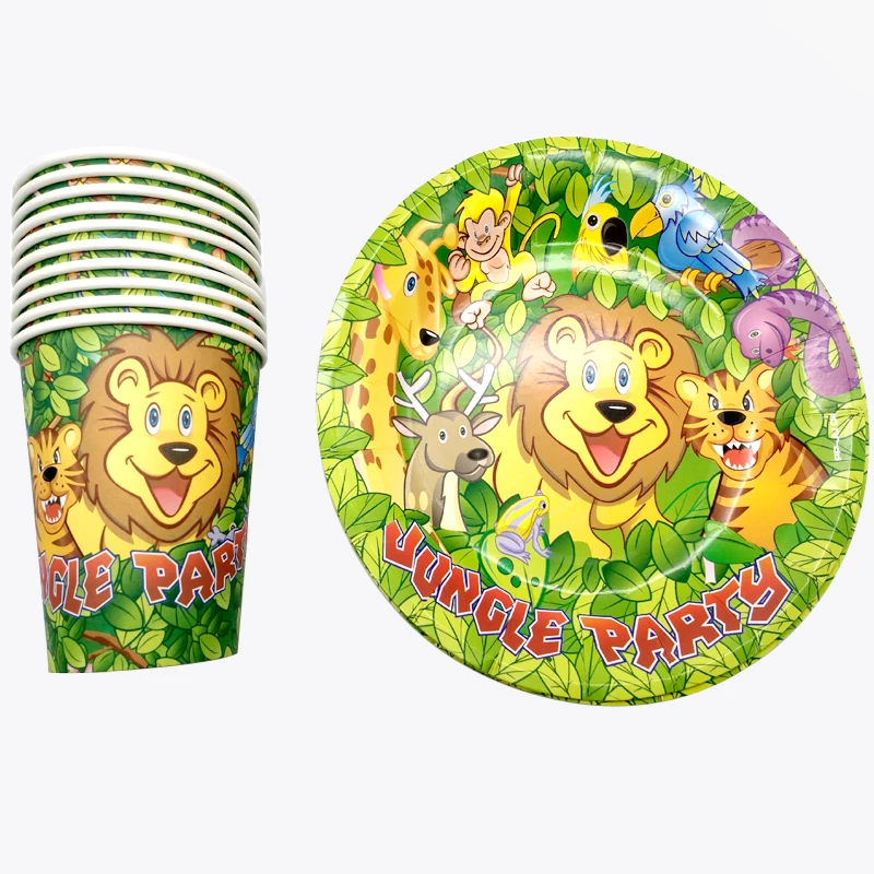 

Kids Favors Happy Birthday Party Food Grade Paper Plates Jungle Animal Theme Decorate Cups Baby Shower Events Supplies 60PCS