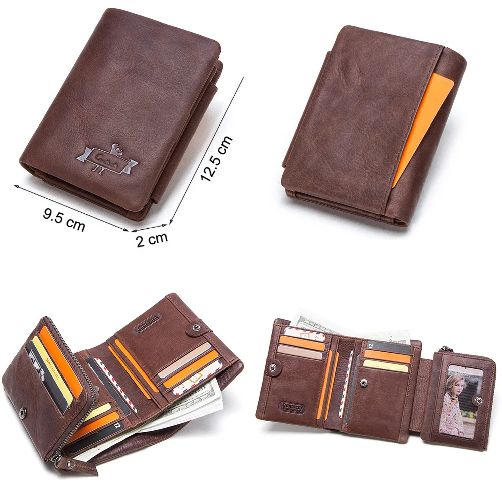 CONTACT'S Genuine Crazy Horse Leather Men Wallets Vintage Trifold Wallet Zip Coin Pocket Purse Cowhide Leather Wallet For Mens CONTACT'S Genuine Crazy Horse Leather Men Wallets Vintage Trifold Wallet Zip Coin Pocket Purse Cowhide Leather Wallet For Mens