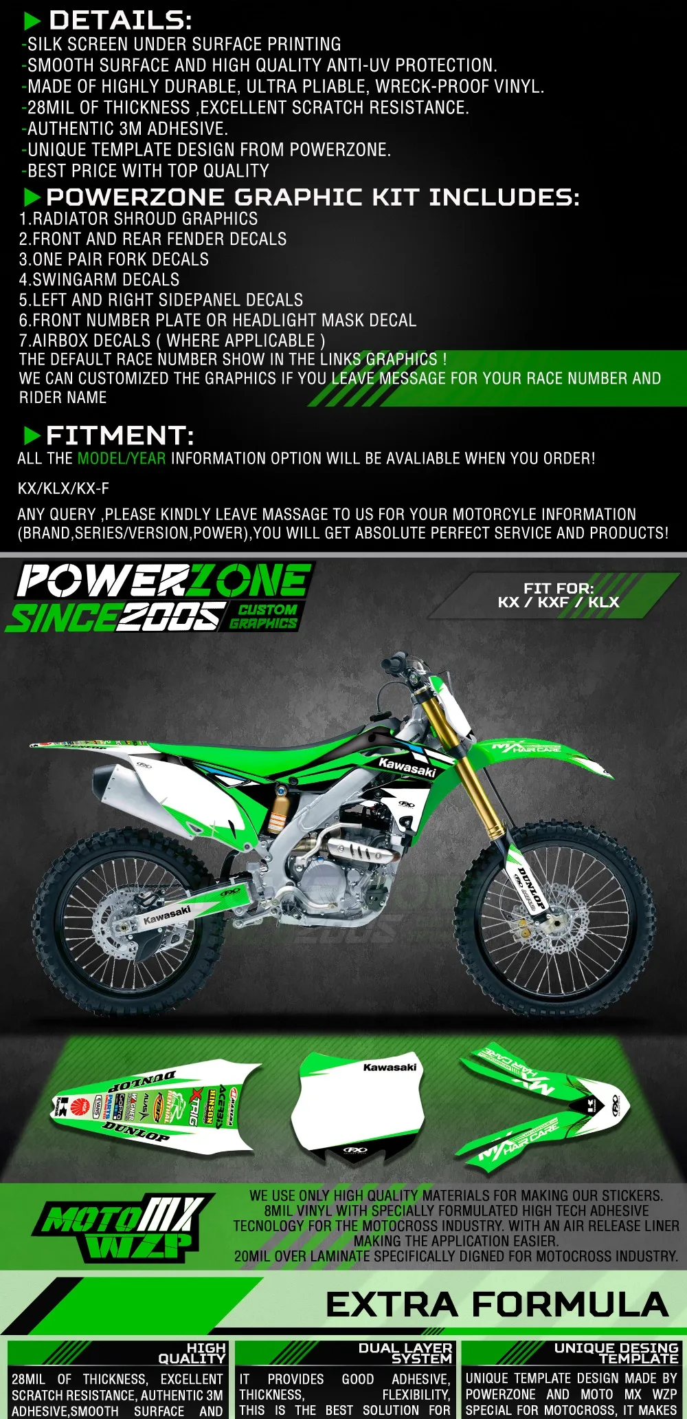 PowerZone Custom Team Graphics Backgrounds Decals 3M Stickers Kit For Kawasaki KX250F 2013- 010