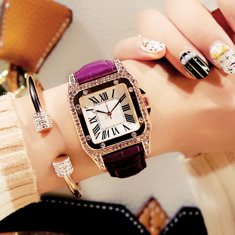 Модные винтажный бриллиантовый квадратный дамы браслет часы женские роскошные наручные кожаный ремешок кварцевые наручные часы, горячая