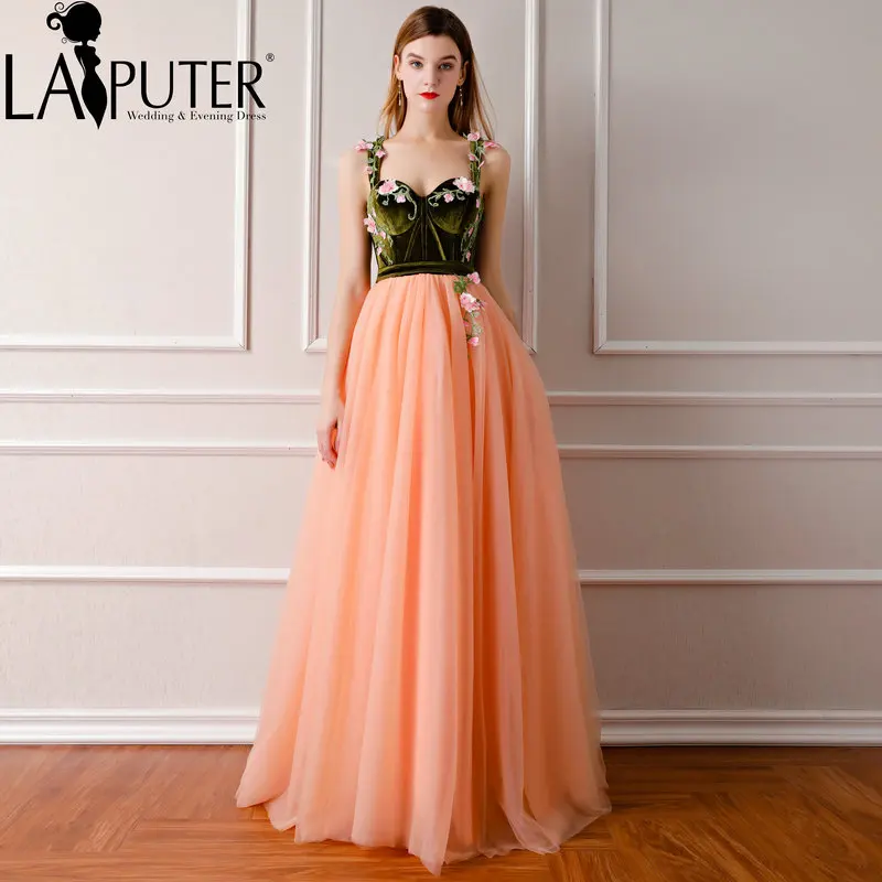 

Laiputer Flower Evening Dress Party Dresses A-line Straps Orange Tulle Sweetheart Neck Prom Dress Party Gown