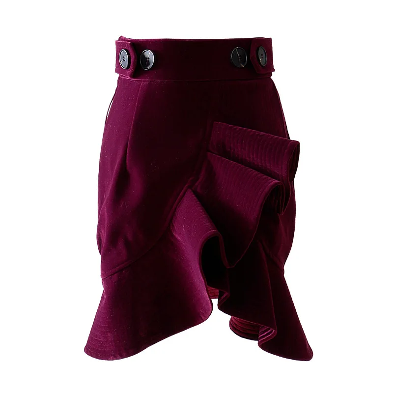 Ellacey Vintage Faldas Negro Fucsia De Invierno Negro Mini Onda fucsia Botón Otoño Mujer Las Volantes Falda Mujeres 7qrx7t
