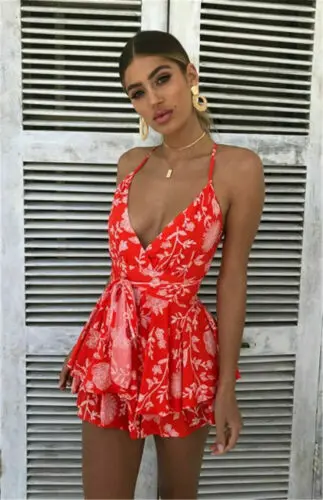 

Women Floral Print Sleevelesss One Piece Dress Womens Dress Playsuit Romper Ladies V Neck Floral Print Waist Short Romper