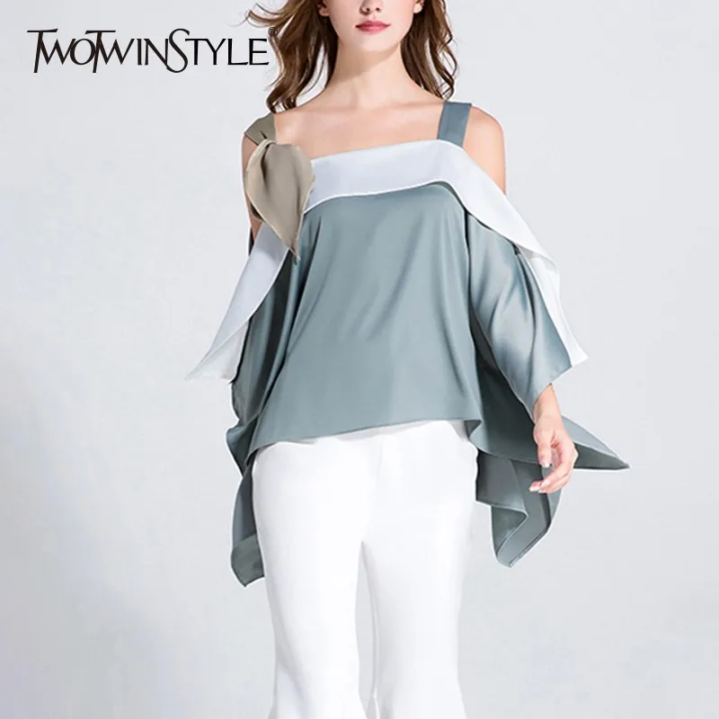 TWOTWINSTYLE hombro camisas de las mujeres suelto Patchwork de encaje sin mangas de gran tamaño Tops Ropa de Mujer Verano 2018 nuevo