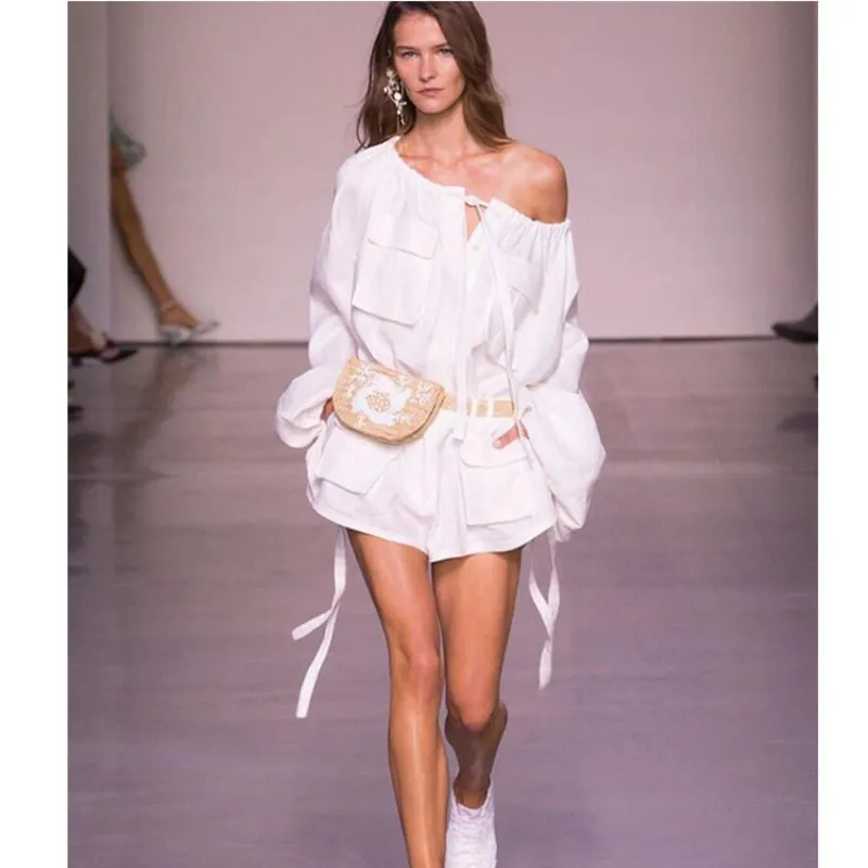 Blanc Robe Un Printemps Lin Costume Poche 2019 Mot De Col Femmes Robes Été Mode Chemise Manches Longues n1wdZq0a0